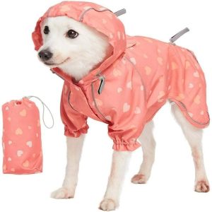 Blueberry Pet 12" Heart Prints Lightweight Reflective Waterproof Dog Raincoat with Hood & Harness Hole, Pink, Outdoor Rain Gear Jacket 2 Legs for Dogs